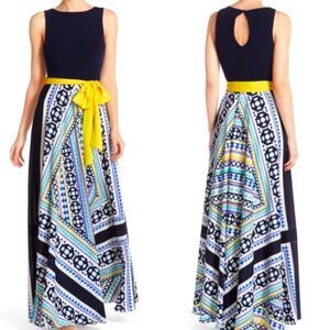 Eliza J Jersey & Crepe de Chine Scarf Print Maxi Dress